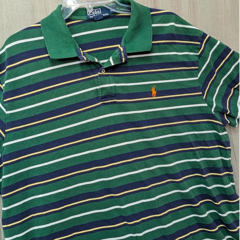 Polo Ralph Lauren Mens XXL Green Navy Striped Short Sleeve Cotton Polo Shirt